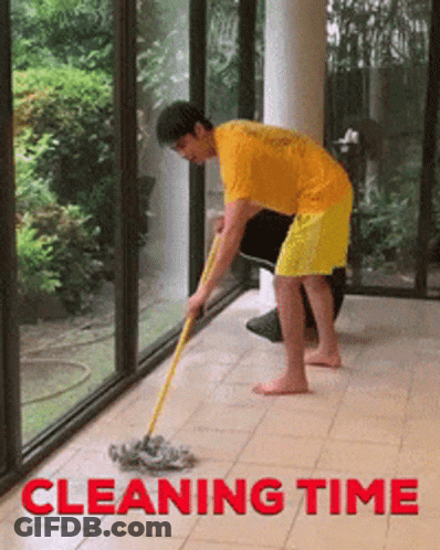 Man In Yellow Shirt Mopping Floor Saying Cleaning Time GIF
