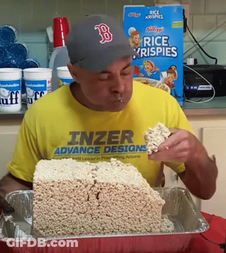 Man In Yellow Shirt Saying Inzer Advance Designs Eats Rice Krispies GIF