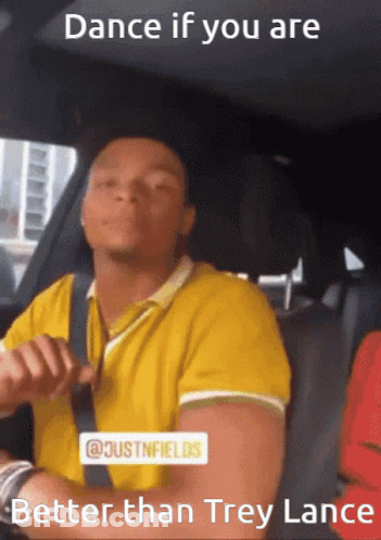 Man In Yellow Shirt Sitting In Back Seat Caption Dance If You Are Better Than Trey Lance GIF