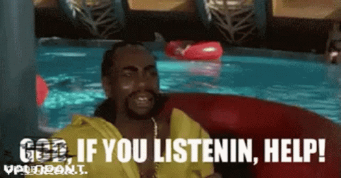 Man In Yellow Shirt Sitting In Pool With Red Raft GIF