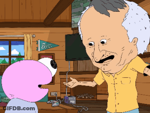 Man In Yellow Shirt Talking To Cartoon Character With Buzz Banner GIF