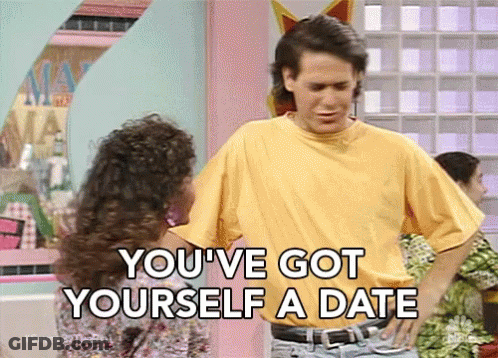 Man In Yellow Shirt Telling Woman You've Got Yourself A Date GIF