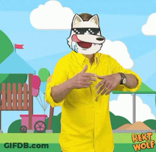Man In Yellow Shirt With Cartoon Wolf Face GIF