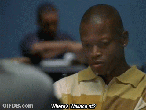 Man In Yellow Striped Shirt Asking Where's Wallace At GIF