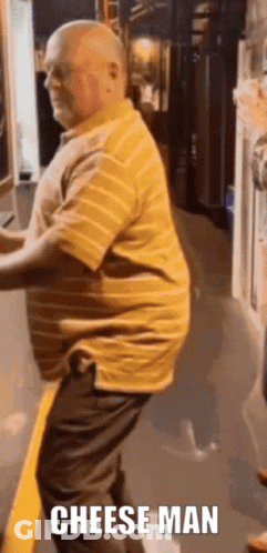 Man In Yellow Striped Shirt Dancing With Cheese Man Sticker GIF