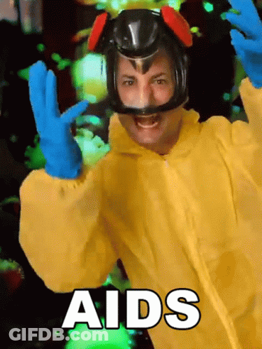 Man In Yellow Suit And Blue Gloves Saying Aids GIF