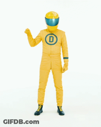 Man In Yellow Suit And Helmet In Front Of No Way Sign GIF