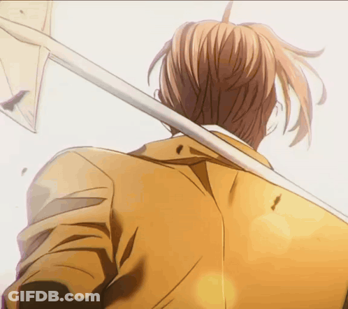 Man In Yellow Suit Holding Sword Over Shoulder GIF