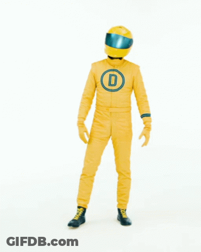 Man In Yellow Suit With Helmet In Front Of Ab Gehts Sign GIF