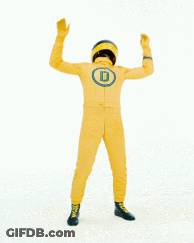 Man In Yellow Suit With Helmet In Front Of Der War Gut Sign GIF