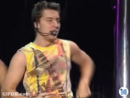 Man In Yellow Tank Top Dancing With Microphone GIF