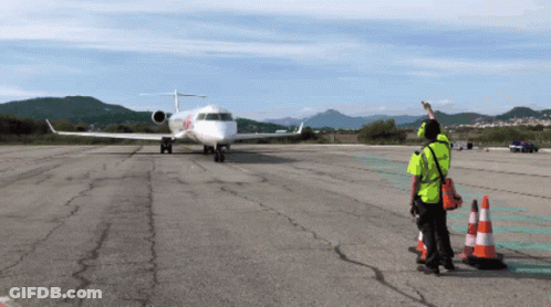 Man In Yellow Vest Next To Plane With X GIF