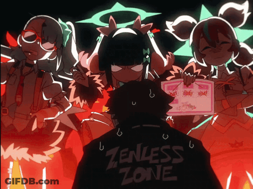 Man In Zenless Zone Shirt With Anime Characters GIF