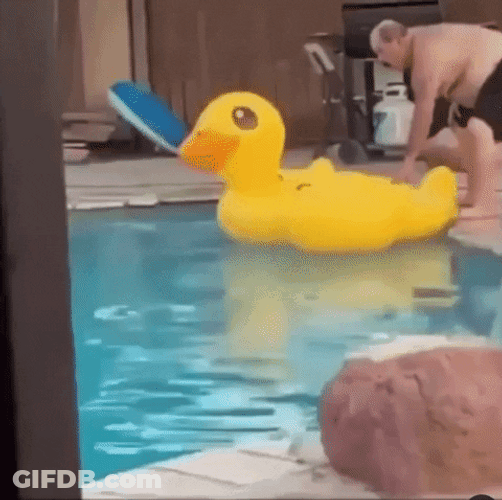 Man Jump On Yellow Duck Floaties GIF