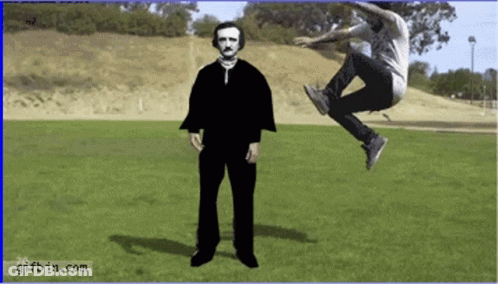 Man Jumping In Front Of Edgar Hopper Impersonator GIF