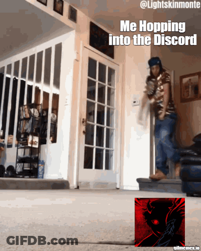 Man Jumping Into Door Saying Me Hopping Into The Discord GIF