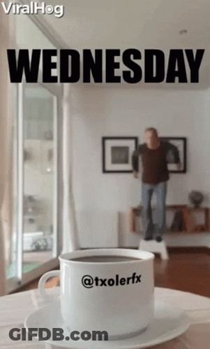Man Jumping On Stool Next To Coffee Saying Wednesday GIF