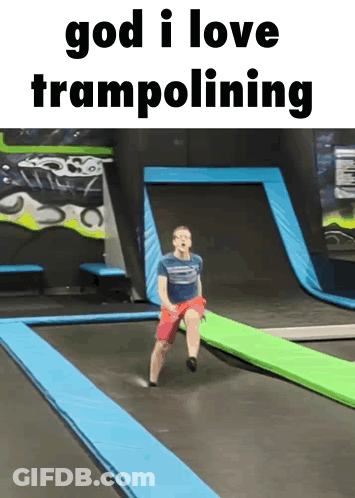 Man Jumping On Trampoline Saying God I Love Trampolining GIF