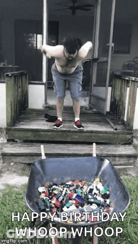 Man Jumping Over Wheelbarrow Of Lego Bricks Happy Birthday Whoop Whoop GIF