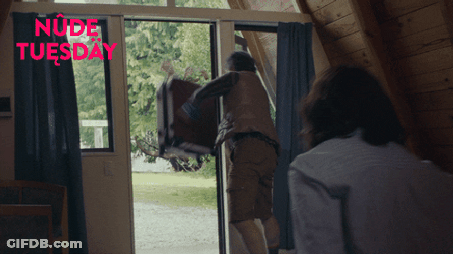 Man Kicked Out Throws Luggage Outside GIF