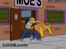 Man Kicking Another Man In Front Of Moe's GIF
