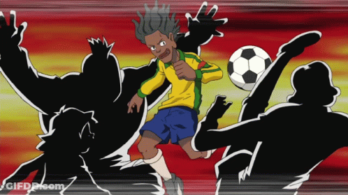 Man Kicking Soccer Ball Surrounded By Silhouettes GIF