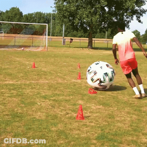 Man Kicking Soccer Ball With Red Cones GIF