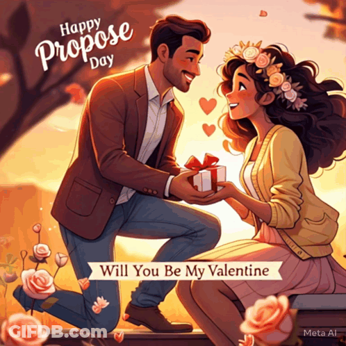 Man Kneeling Giving Gift To Woman Will You Be My Valentine GIF