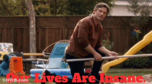 Man Kneeling In Front Of Slide With Our Lives Are Insane GIF