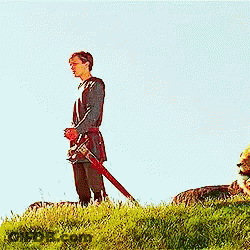 Man Kneeling Next To Lion With Sword GIF