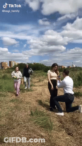 Man Kneeling To Propose To Woman In Field GIF