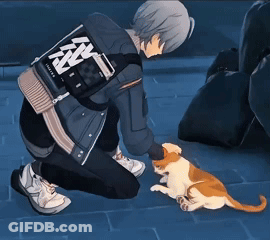 Man Kneeling With Cat And Hunters Backpack GIF