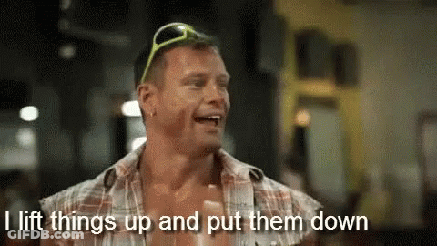 Man Laughing Saying I Lift Things Up And Put Them Down GIF