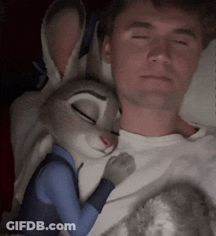 Man Laying In Bed With Stuffed Rabbit GIF