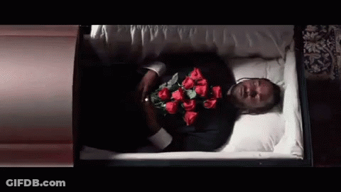 Man Laying In Coffin Holding Red Roses GIF