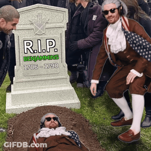 Man Laying In Dirt In Front Of Gravestone R.I.P. Benjamins 1706-1790 GIF