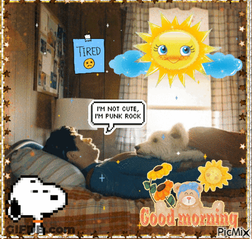 Man Laying On Bed With Dog Saying Tired GIF