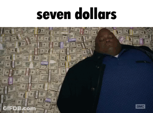 Man Laying On Pile Of Money Saying Seven Dollars GIF