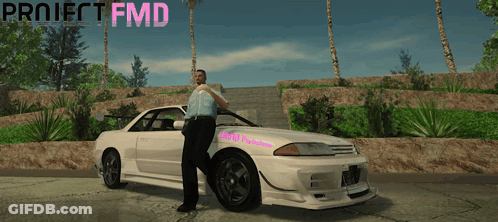 Man Leaning Against White Car With Project FMD GIF
