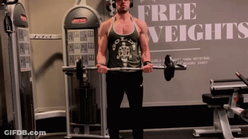 Man Lifting Barbell In Front Of Free Weights Sign GIF