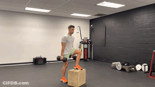 Man Lifting Dumbbell On Box In Gym GIF