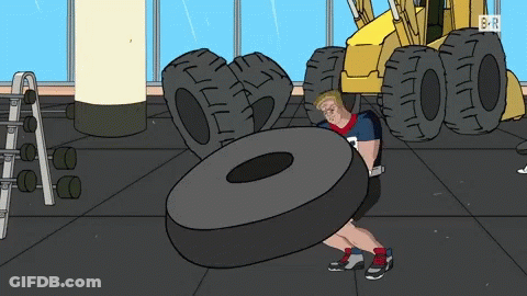 Man Lifting Tire With BR Letters GIF