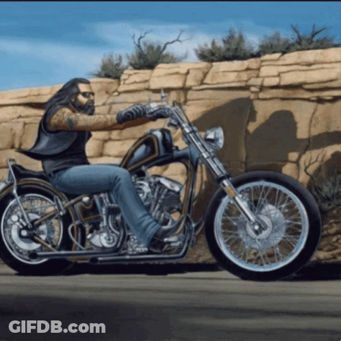 Man Long Hair Black And Gold Motorcycle GIF