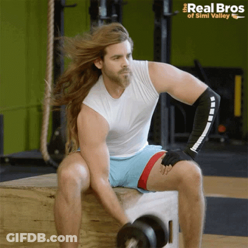Man Long Hair Lifting Dumbbell Real Bros Logo GIF