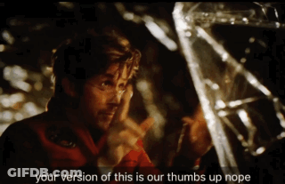 Man Looking At Broken Glass Saying Your Version Of This Is Our Thumbs Up Nope GIF