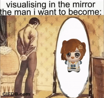 Man Looking At Himself In Mirror With Stuffed Animal GIF