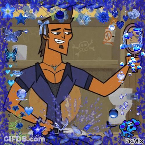 Man Looking In Mirror Surrounded By Blue Flowers GIF