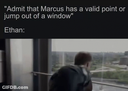 Man Looking Out Window Admit Marcus Has Valid Point Or Jump GIF