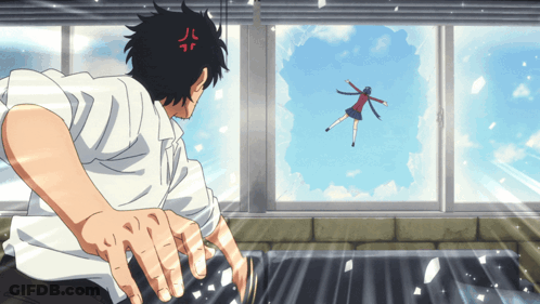 Man Looking Out Window At Flying Girl GIF