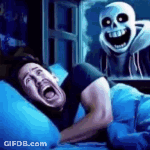 Man Lying In Bed Behind Skeleton GIF